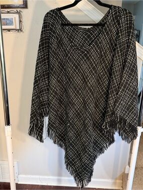 Plus One Size Apostrophe Black & White Fringe Plaid Poncho Sweater